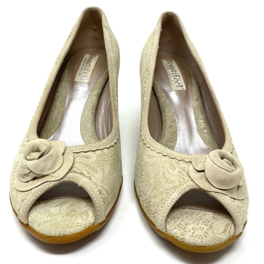 Beautifeel Glasgow peep toe pumps cream spark lacy suede